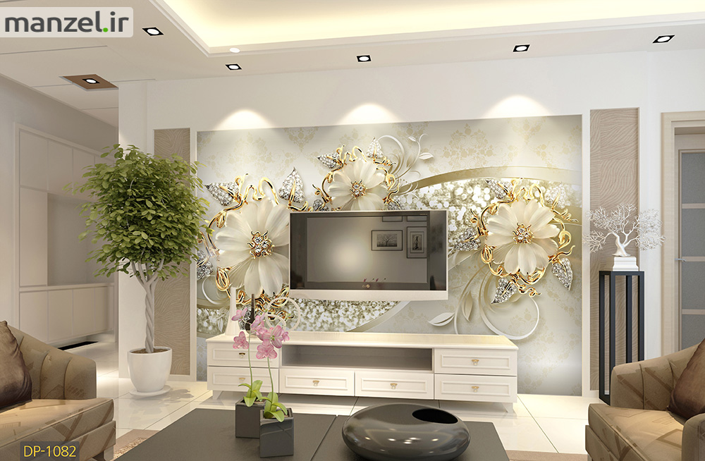 کاغذ دیواری سه بعدی پشت تلویزیون طرح گل طلایی کد 1082