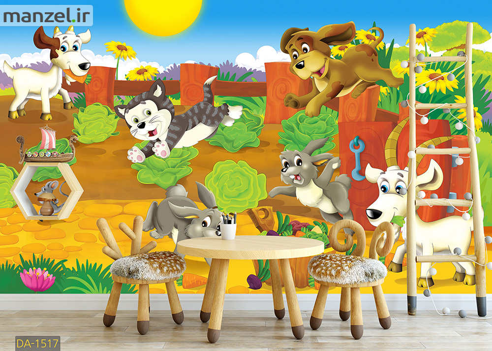 کاغذ دیواری برای اتاق کودک طرح حیوانات رنگ های شاد